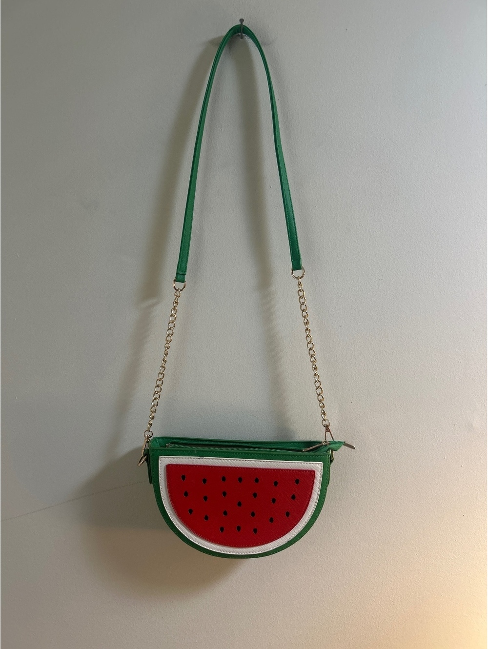 Mellow World Watermelon Themed Half Moon Crossbody Bag with Gold Chain Strap